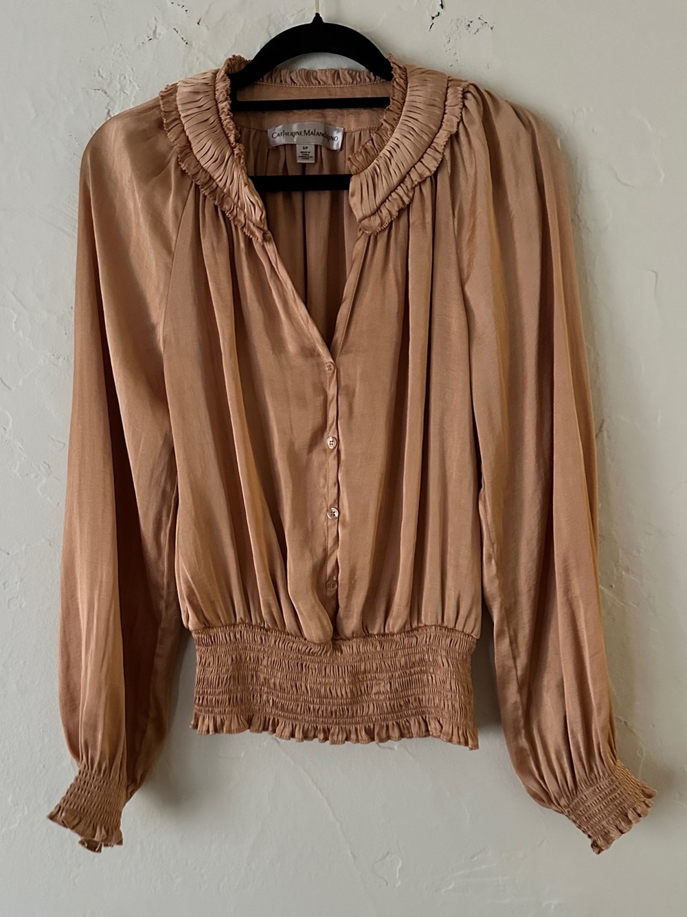 Catherine Malandrino Gold Satin Ruffled Smocked Waist Blouse